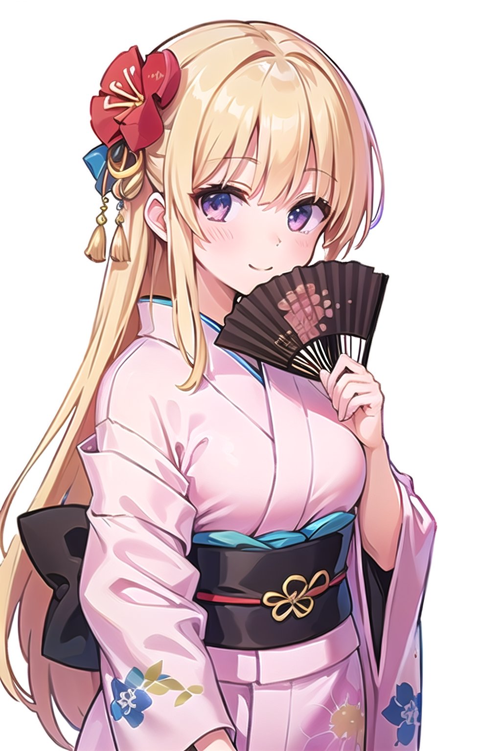 (Super High Quality, High Resolution, Masterpiece: 1.3),Beautiful woman in perfect shape: 1.5, ((white background)), ((no background)), (((very large fan covering mouth))) Blonde, wearing kimono, alone, pink kimono, best smile, (beautiful fan), (large fan), beautiful girl, schoolgirl, floral kimono, fancy kimono design, great kimono design