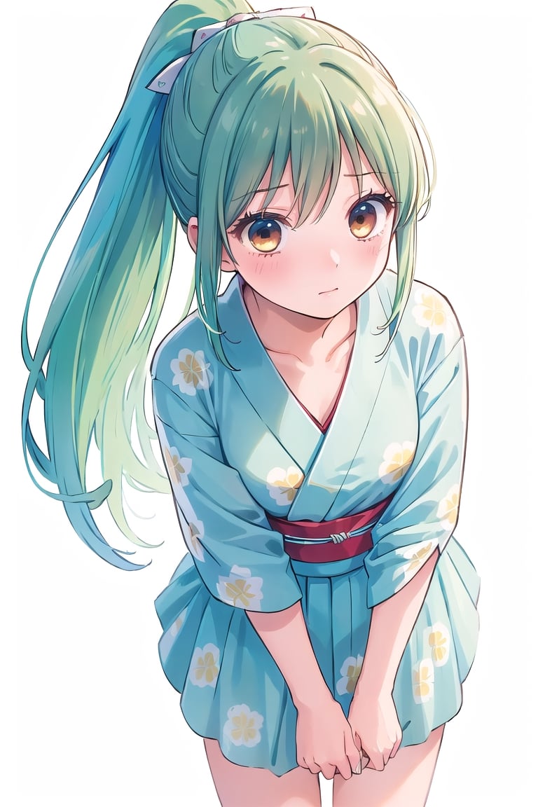  (masterpiece, best quality, sharp image, professional artwork:1.5),yellow green hair, long hair, Ponytail, blue ribbon,red_yukata,White blouse, dark ,(white background),,Shy face,empty_background,chihaya_ayase