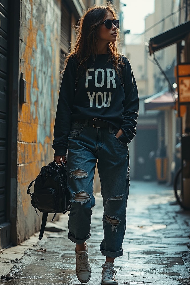 Yoji Shinkawa art style, a woman wearing a sweater with FOR YOU written on it, sneakers, denim jeans, and holding a backpack, intricate ink lines and metallic textures, dynamic shadows, woman with a casual pose, street with urban elements, soft ambient lighting, mid-shot capturing her and the urban environment, atmospheric and moody composition.