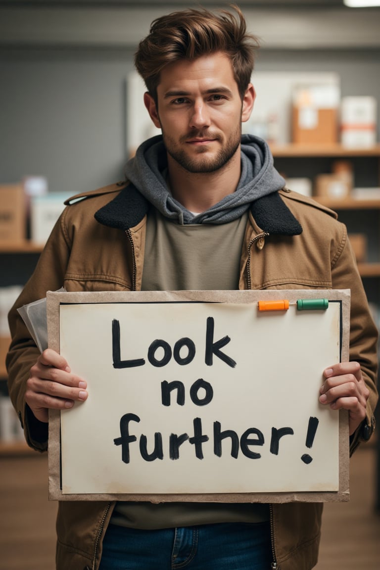 man holding a sign that say " Look no further !"