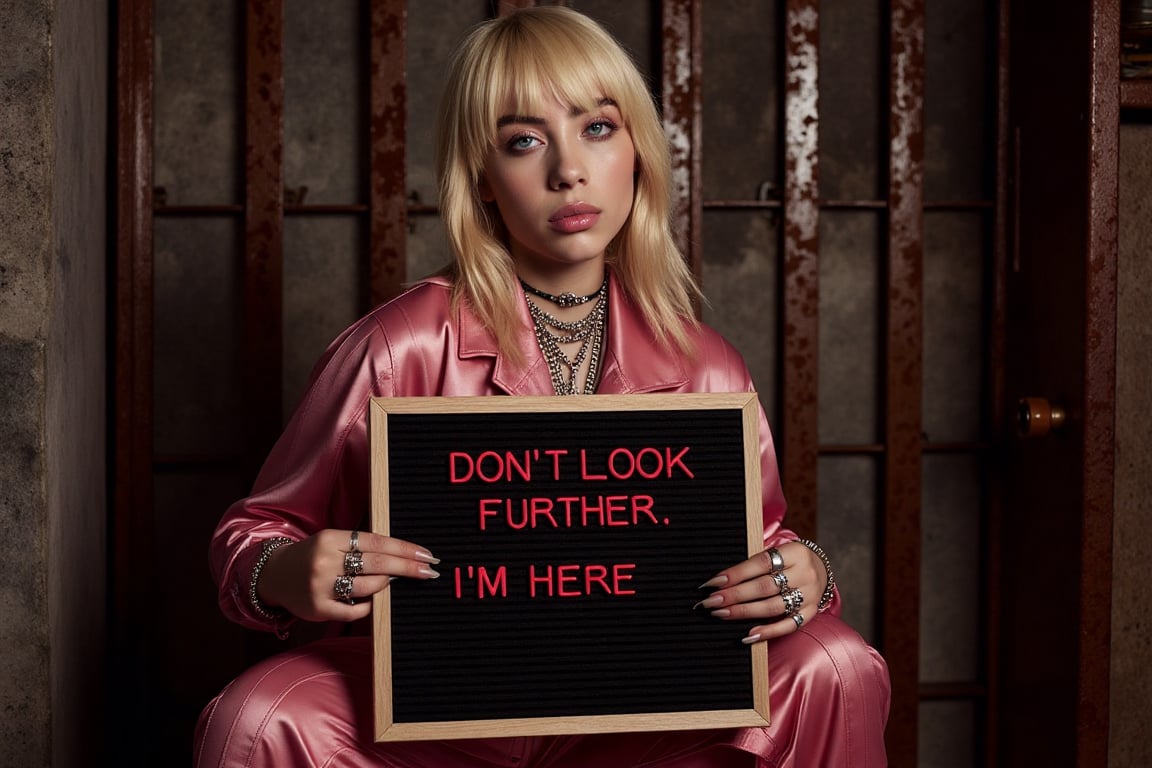 In a dimly lit, industrial-chic setting,Blonde (natural) hair color,  a stunning Asian supermodel posing provocatively amidst distressed concrete walls and rusty metal bars, wearing a daringly cut, emerald pink jumpsuit that accentuates her curves.  features geometric shapes and metallic hues echoing the gritty urban landscape. She raises an electric board displaying red text Don't Look Further i'm here",Billie Eilish