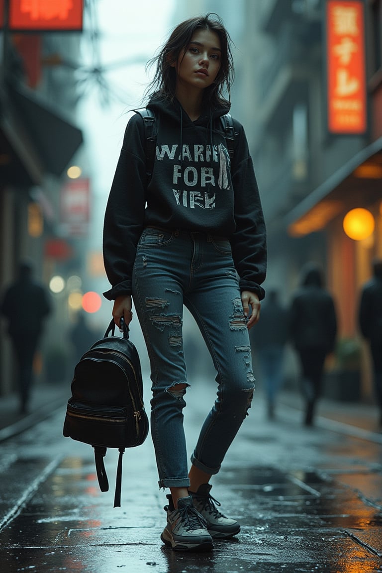 Yoji Shinkawa art style, a woman wearing a sweater with FOR YOU written on it, sneakers, denim jeans, and holding a backpack, intricate ink lines and metallic textures, dynamic shadows, woman with a casual pose, street with urban elements, soft ambient lighting, mid-shot capturing her and the urban environment, atmospheric and moody composition.