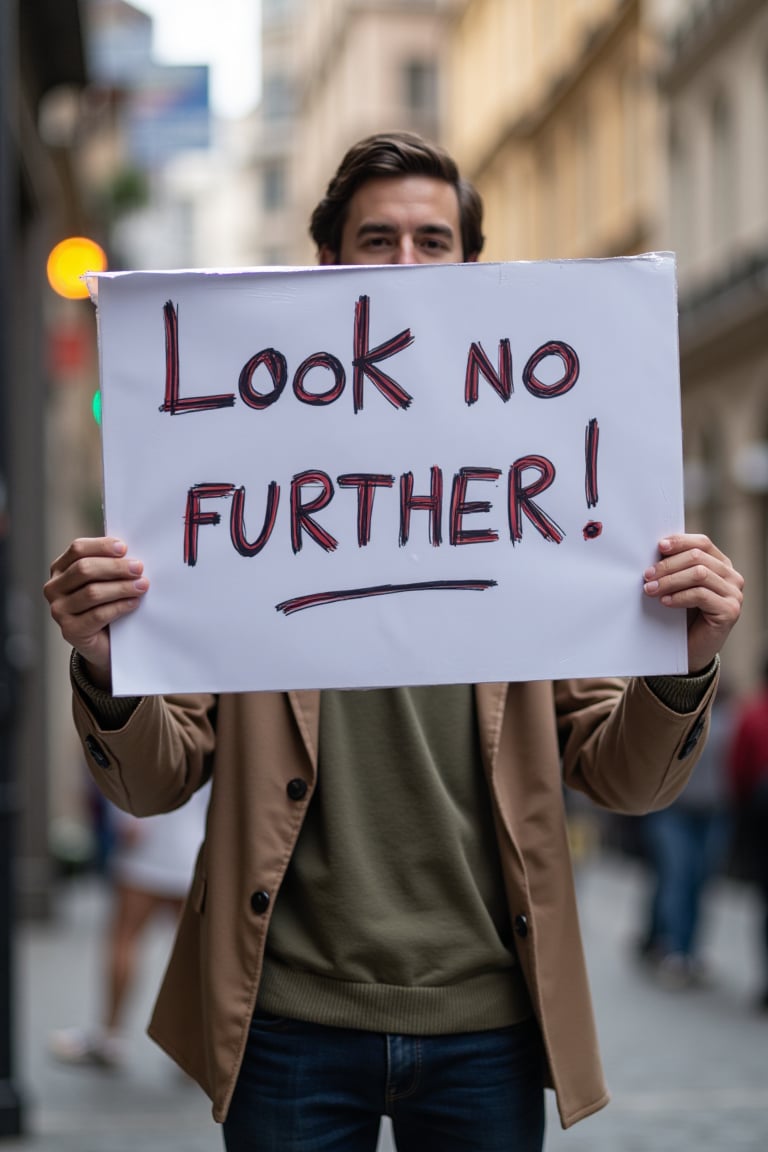 man holding a sign that say " Look no further !"