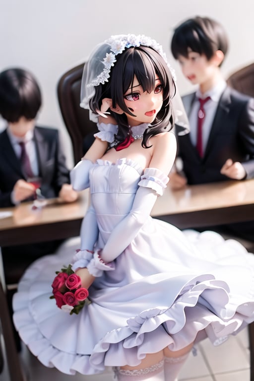 random transaparent bride dress in white pizzo, random blooming roses on dress, black random hair, see in camera, real proportion, empty background, tiny breast, all in focus, female_solo, ahegao_face