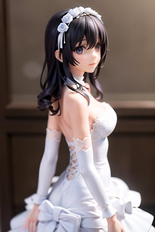  transaparent bride dress in white pizzo, blooming roses on dress, black random hair, see in camera, real proportion, background of nothing, tiny breast, all in focus, female_solo, hands behind the back, 