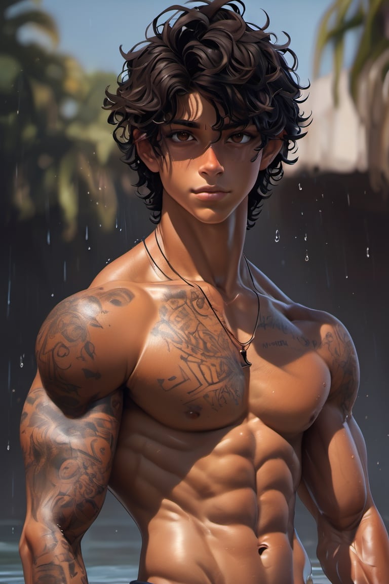 messy hair, guy, boy, tan skin, middle part hair, black hair, brown eyes, abs, muscular, tan, guy, boy, teenager, middle part, neck tatoos, curly hair, wet