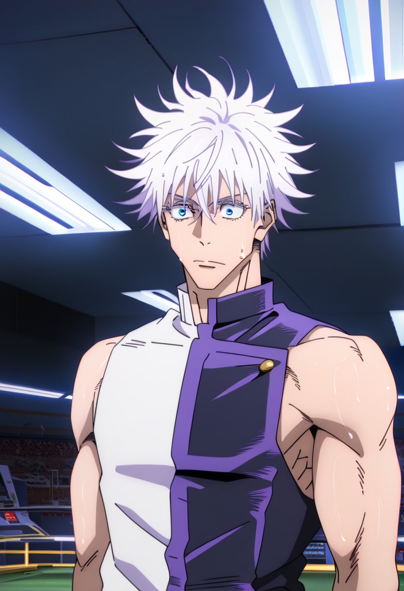 1man,stubble,Gojo Satoru ,hair between eyes, white hair,short hair,blue eyes,colored eyelashes,lean muscle, handsome, sweaty body, sweaty hair, chest muscles,,4K,masterpiece, super detailed,male, about 19 years old, messy hair, fluffy hair, extremely handsome, sexy, proportional face, beautiful eyes, wearing compression shirt