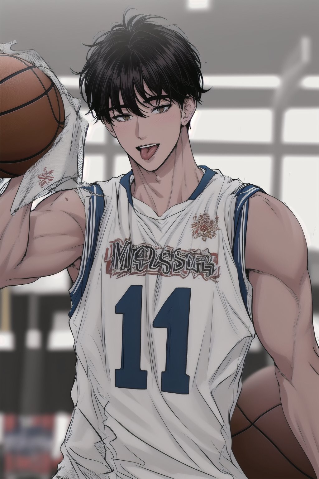 (masterpiece, best quality, highres:1.3), ultra resolution image, (1guy), male, (solo), upper body, tongue, muscular, tan skin, abs hot, wearing basketball jersey, wearing armband, tan, 