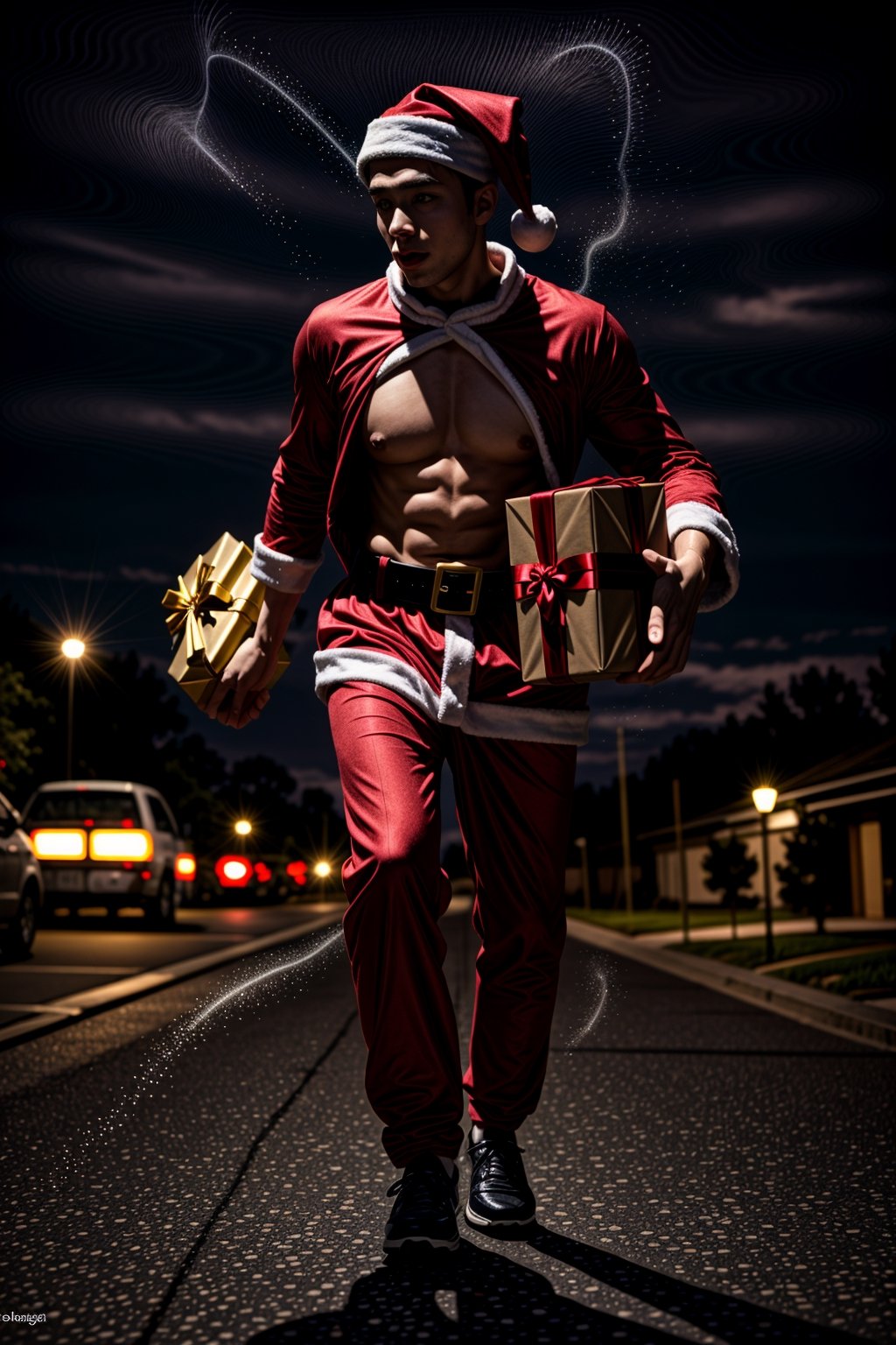 Santa man Running with a present box, full body shot,Masterpiece, night road,giga_busty,,<lora:659111690174031528:1.0>