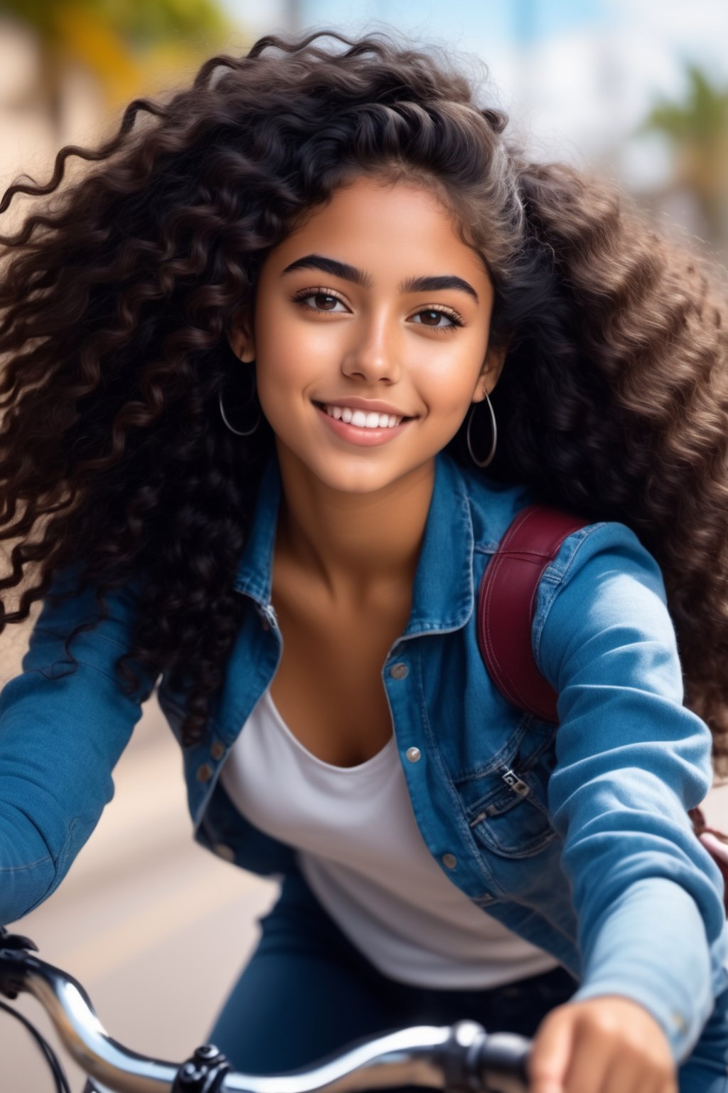 High definition ultra reality luminous portrait of an expressive 19 year old Hispanic girl with long black curly hair ridi...