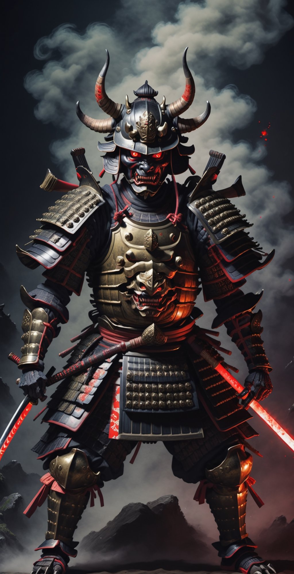 A terrifying demon with red glowing eyes wearing traditional Japanese Shogun armor with a helmet stands in a combat postur...