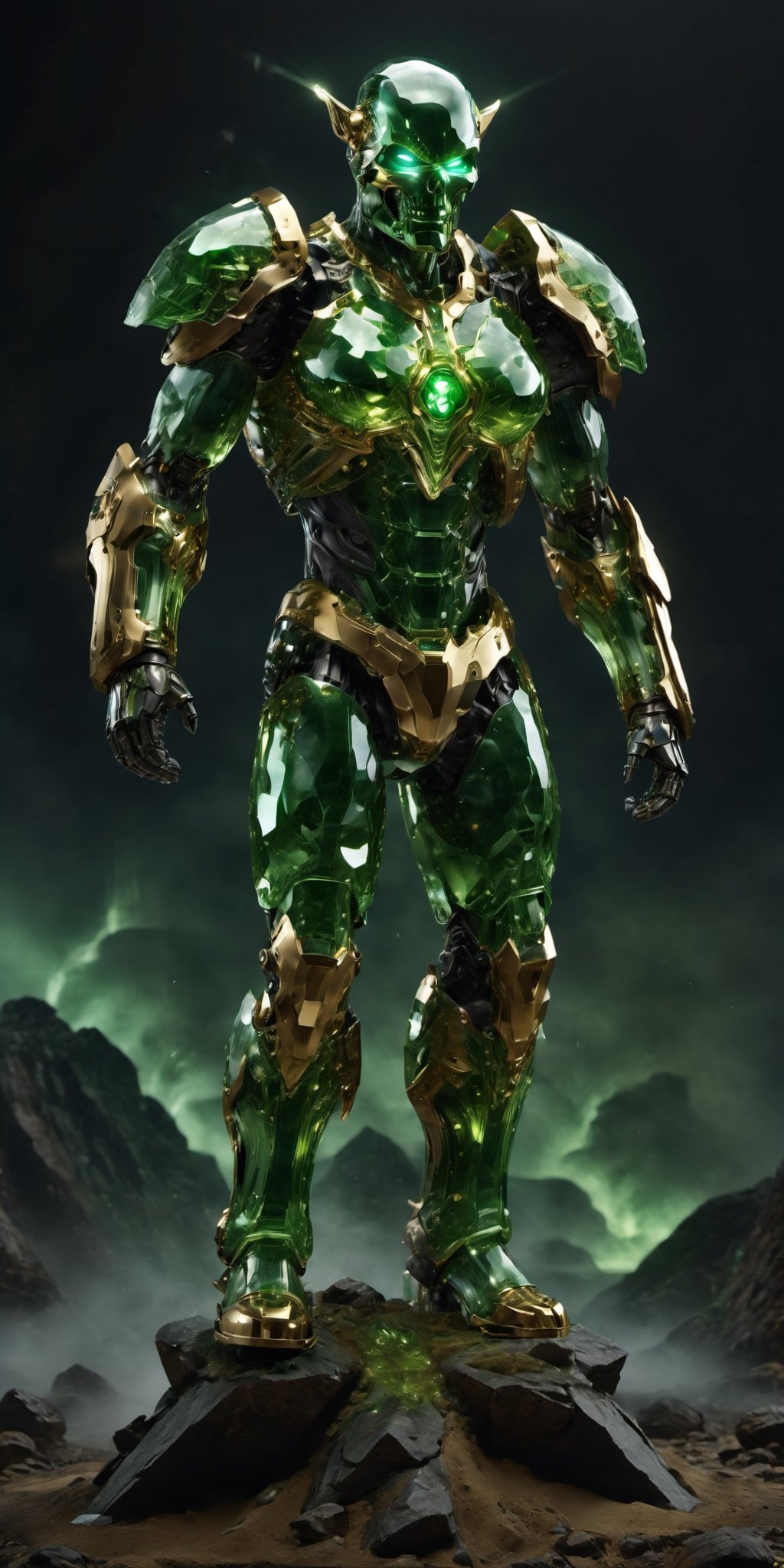 In a desolate wasteland, a towering Kryptonite Golem emerges. Its jagged crystalline form gleams with a toxic green hue, as fissures of deadly energy pulse within. Every refined facet and intricate detail shimmers in ultra-realistic precision, revealing the threat it poses. The highly-detailed, hyper-realistic masterpiece captures the essence of its menacing existence, ensuring an immersive 8K experience.