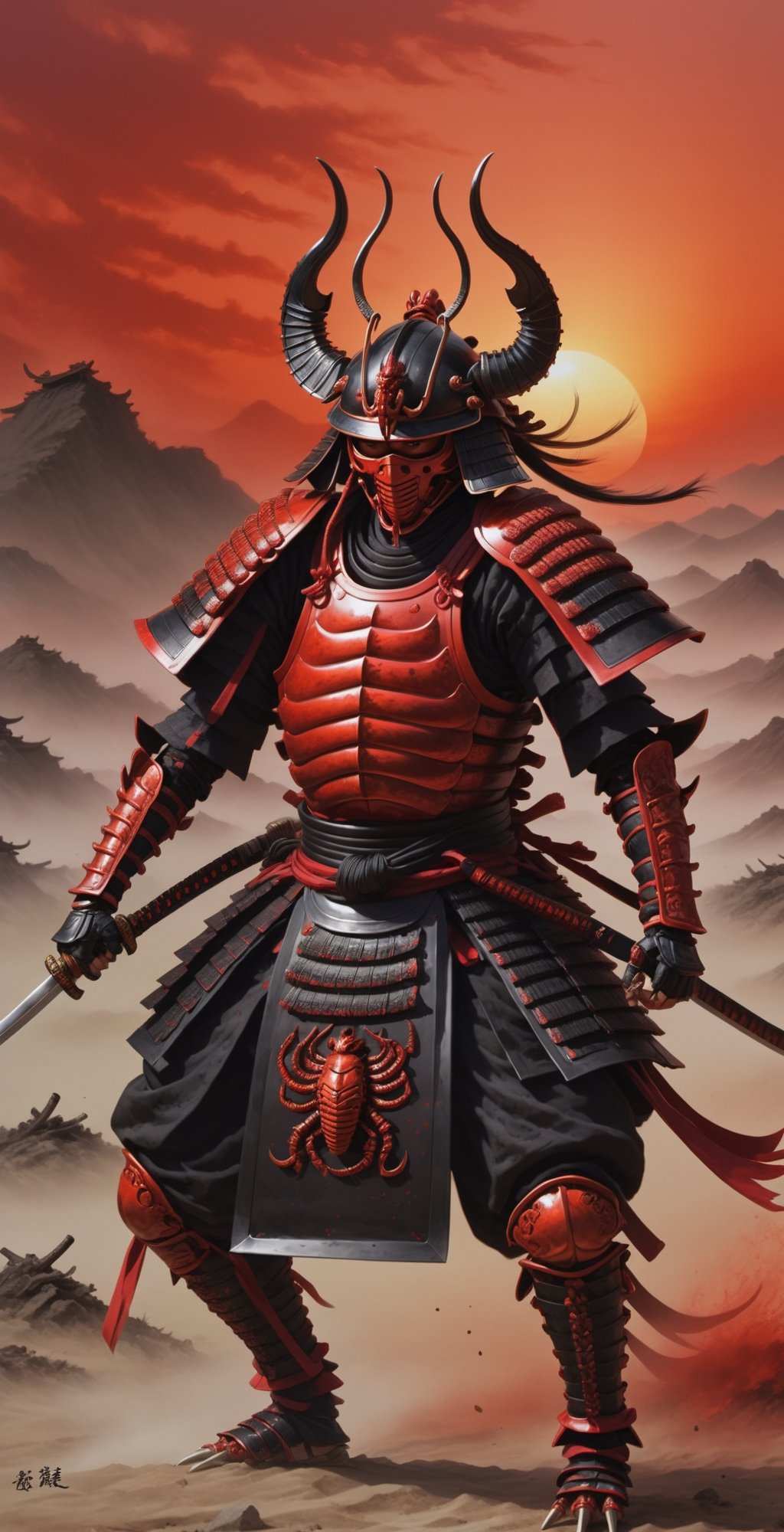 Capture the essence of a powerful red and black Scorpion samurai as it stands amidst a desolate battlefield,  its gleaming...