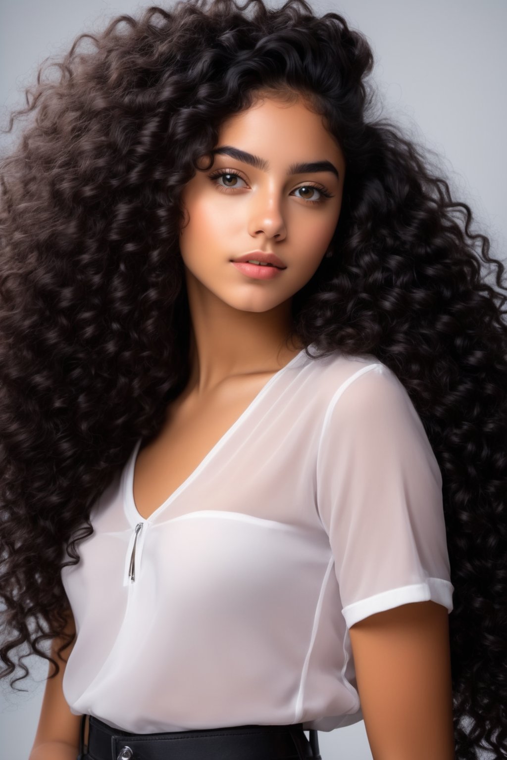 luminous high definition ultra reality portrait of expressive 19 year old Hispanic girl with long black curly hair by Panc...