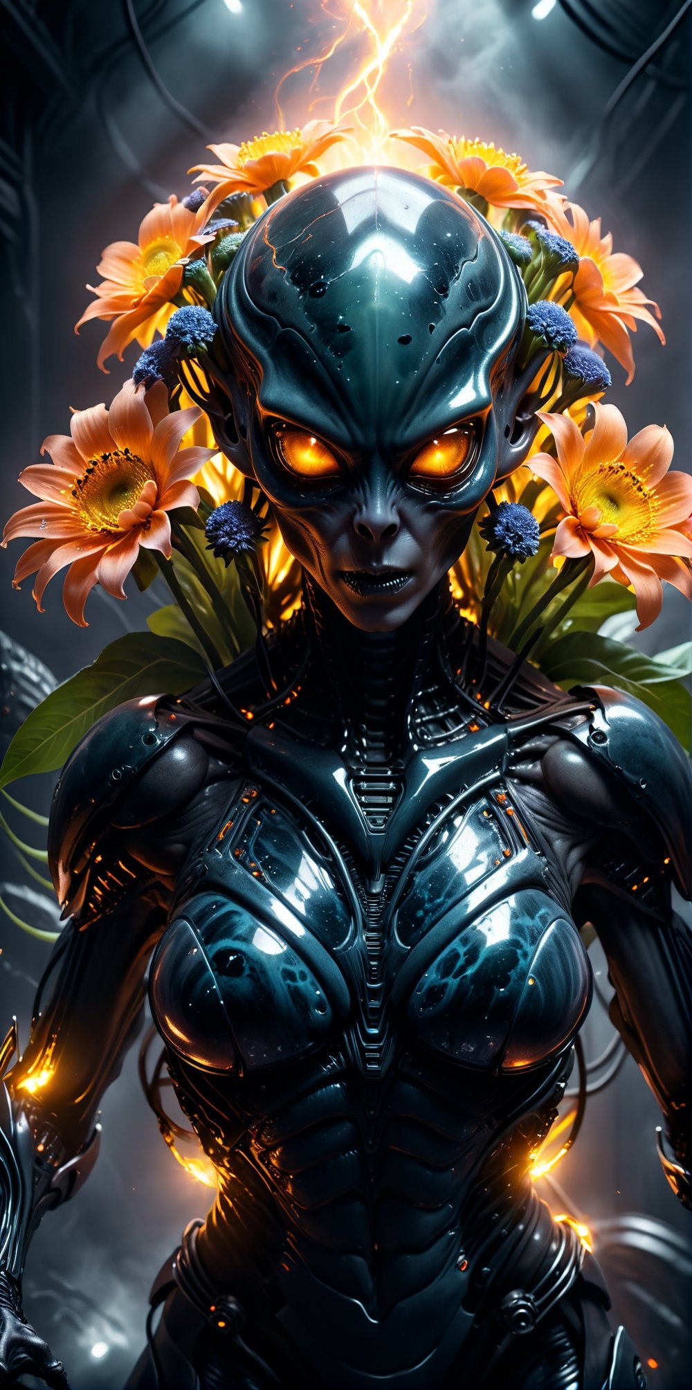stunning furious female alien with closed fist holding a bouquet of flowers surrounded by hot electricity,  fully glowing...