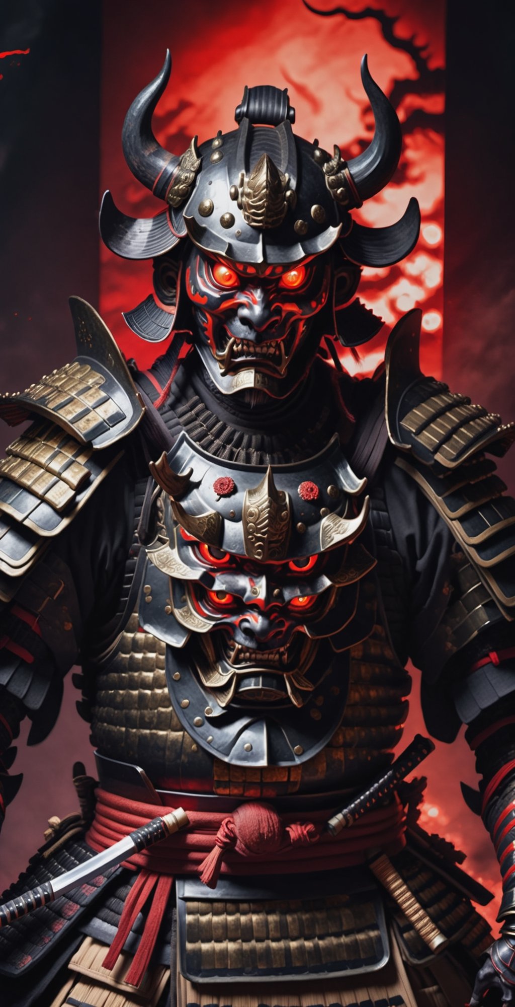 A terrifying demon with red glowing eyes wearing traditional Japanese Shogun armor with a helmet stands in a combat postur...