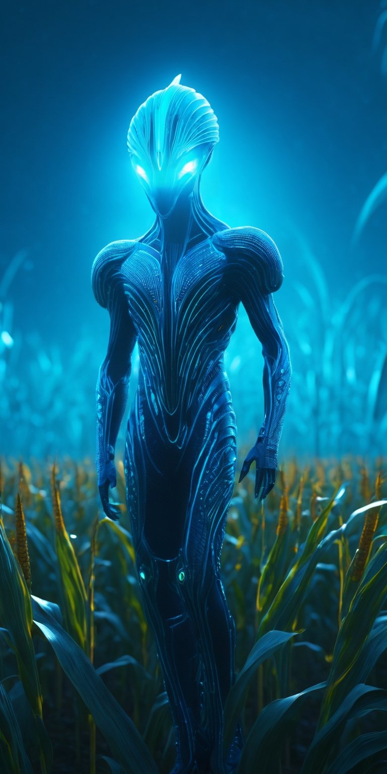 Neon blue detailed alien standing in a corn field, with bioluminescence, ultra 3d animated painting, light shining through the leafs, alien styled birds, hyper detailed background, hyper detailed textures , beautiful scenery, raytracing technology, ultra detailed reflections Light and shadows, volumetric height fog, lumen technology, ultra detailed rendering , ultra sharp, perfect focus, by panchovilla 