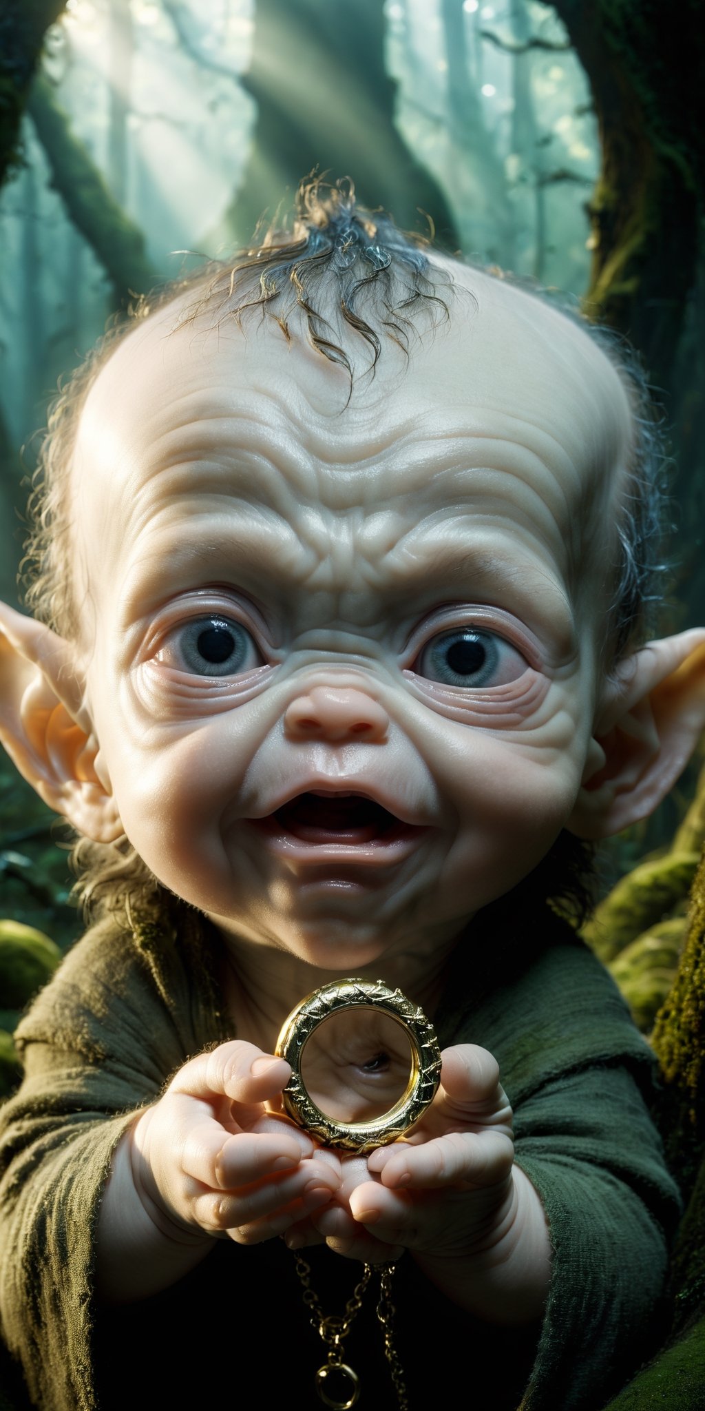 photograph of
Baby Smeagol holding a ring close to his face, he marvels at the beauty of the ring, with a dark fantasy forest as a backdrop, detailed face. high resolution, high definition.