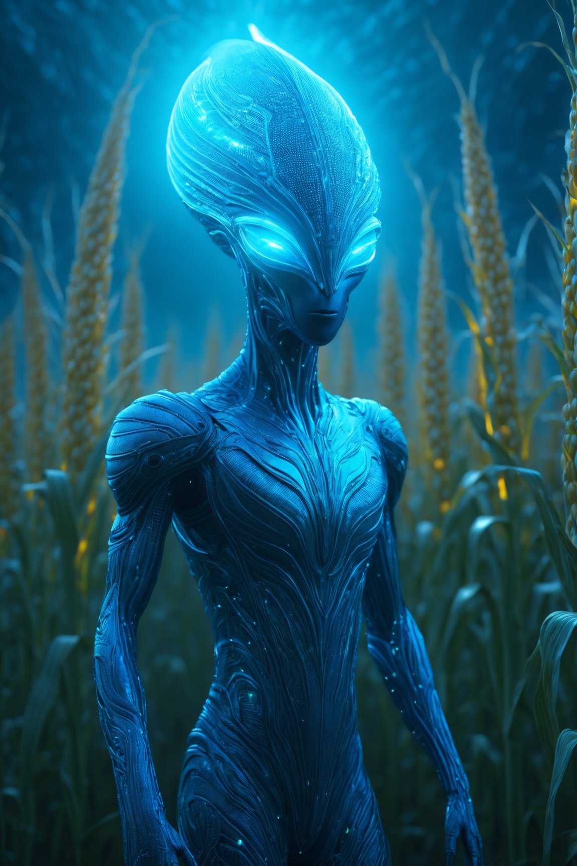 Neon blue detailed alien standing in a corn field, with bioluminescence, ultra 3d animated painting, light shining through the leafs, alien styled birds, hyper detailed background, hyper detailed textures , beautiful scenery, raytracing technology, ultra detailed reflections Light and shadows, volumetric height fog, lumen technology, ultra detailed rendering , ultra sharp, perfect focus, by panchovilla 