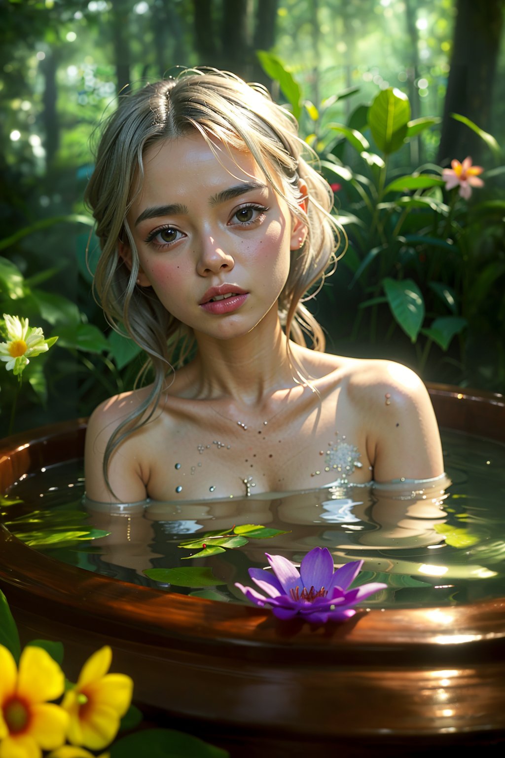 photorealistic, full body picture, detailed facial features, nuanced skin tones, HD, 8k, ultra high definition, intricate details, Ultra realistic, full body, A girl bathing in the forest, sweating, silver hair, blue eyes, summer sunshine, flower, monkey