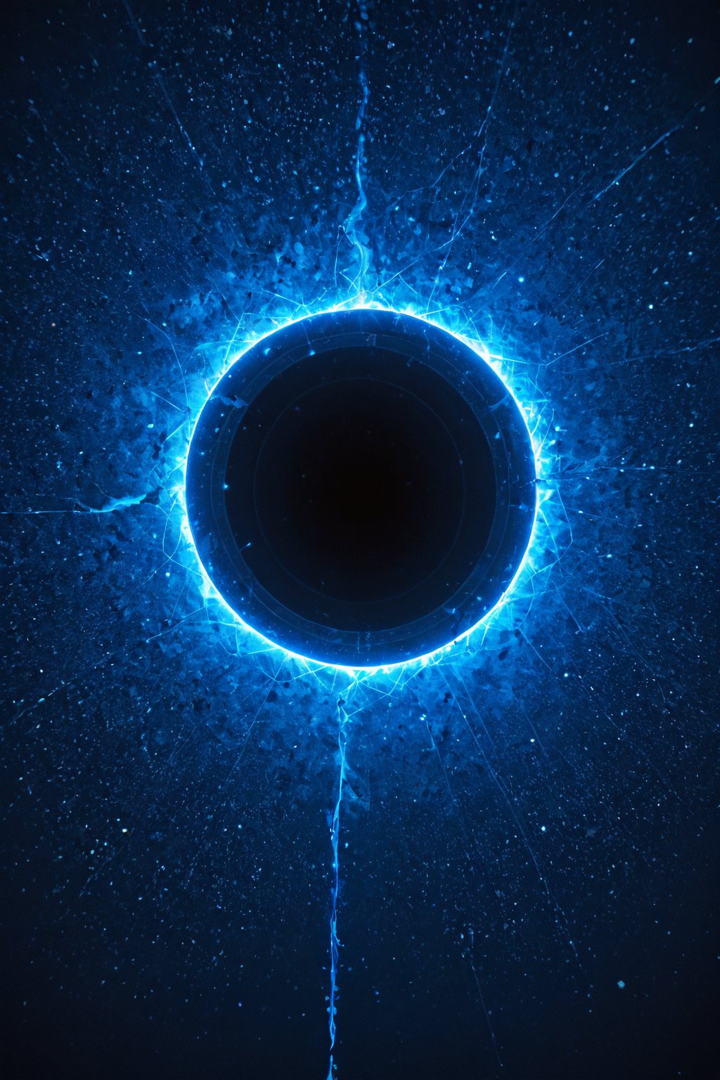 A swirling vortex of dark matter dominates the frame, a cosmic black hole's event horizon illuminated by an eerie blue glow. Starlight and gas swirl around its edge, a mesmerizing dance of celestial debris. In the distance, a distant galaxy's faint light hints at the vastness of the universe.