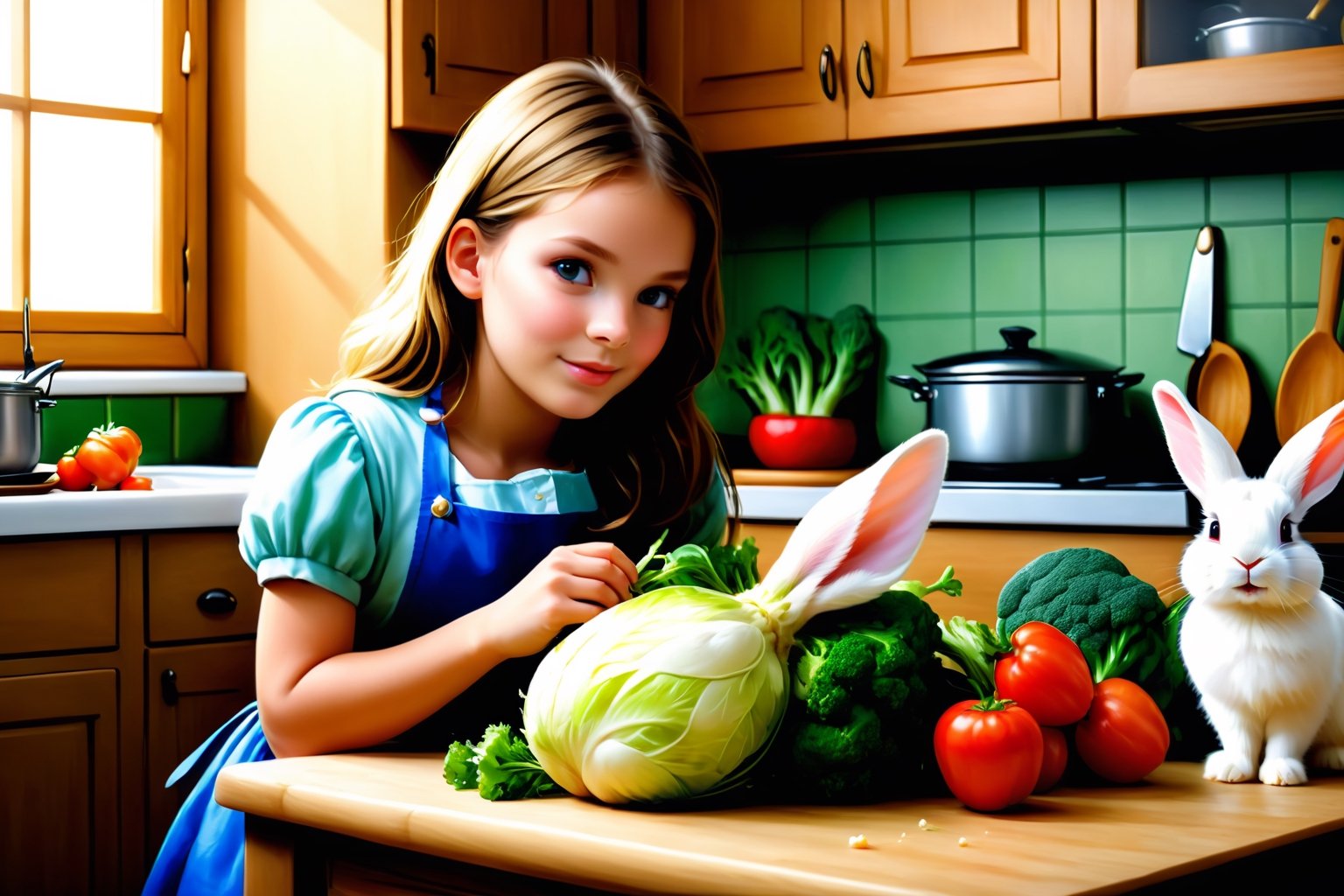 (sharp focus),  (award winning),  (extremely detailed),  (best quality, 4k, 8k, highres, masterpiece:1.2), ultra-detailed, (realistic, photorealistic, photo-realistic:1.37), A girl and a rabbit, the rabbit is eating vegetables, kitchen