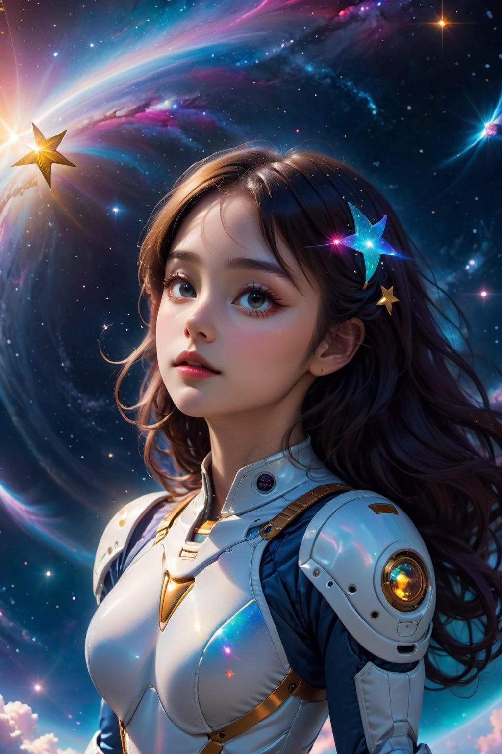 best quality, 8k, realistic, vibrant colors, high-res lighting,  galaxies, A girl floating in a space suit, breathtaking landscapes, ethereal atmosphere, sparkling stars, glowing nebulae, celestial wonders, surreal beauty, mesmerizing glow, cosmic journey, dreamlike scenes, tranquil depths, floating gracefully, immersive experience, mesmerizing visuals,  otherworldly creatures, graceful movements, enchanted world, celestial ballet, mystical ambiance, divine energy, celestial serenity, serene tranquility