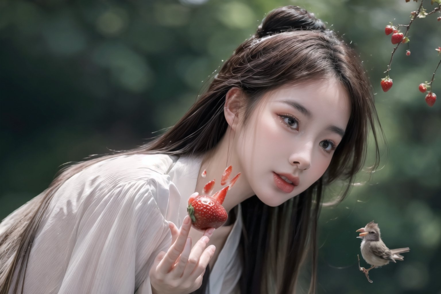 (sharp focus),  (award winning),  (extremely detailed),  (best quality, 4k, 8k, highres, masterpiece:1.2), ultra-detailed, (realistic, photorealistic, photo-realistic:1.37), A girl is picking strawberries and eating them with a little bird., full body, 1 girl ,huangyuyao