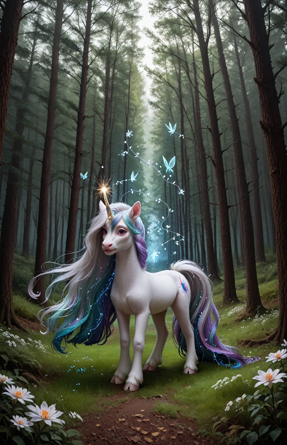 A mystical unicorn with a shimmering silver coat and rainbow-colored mane prances amidst a whimsical forest glade,  surrou...