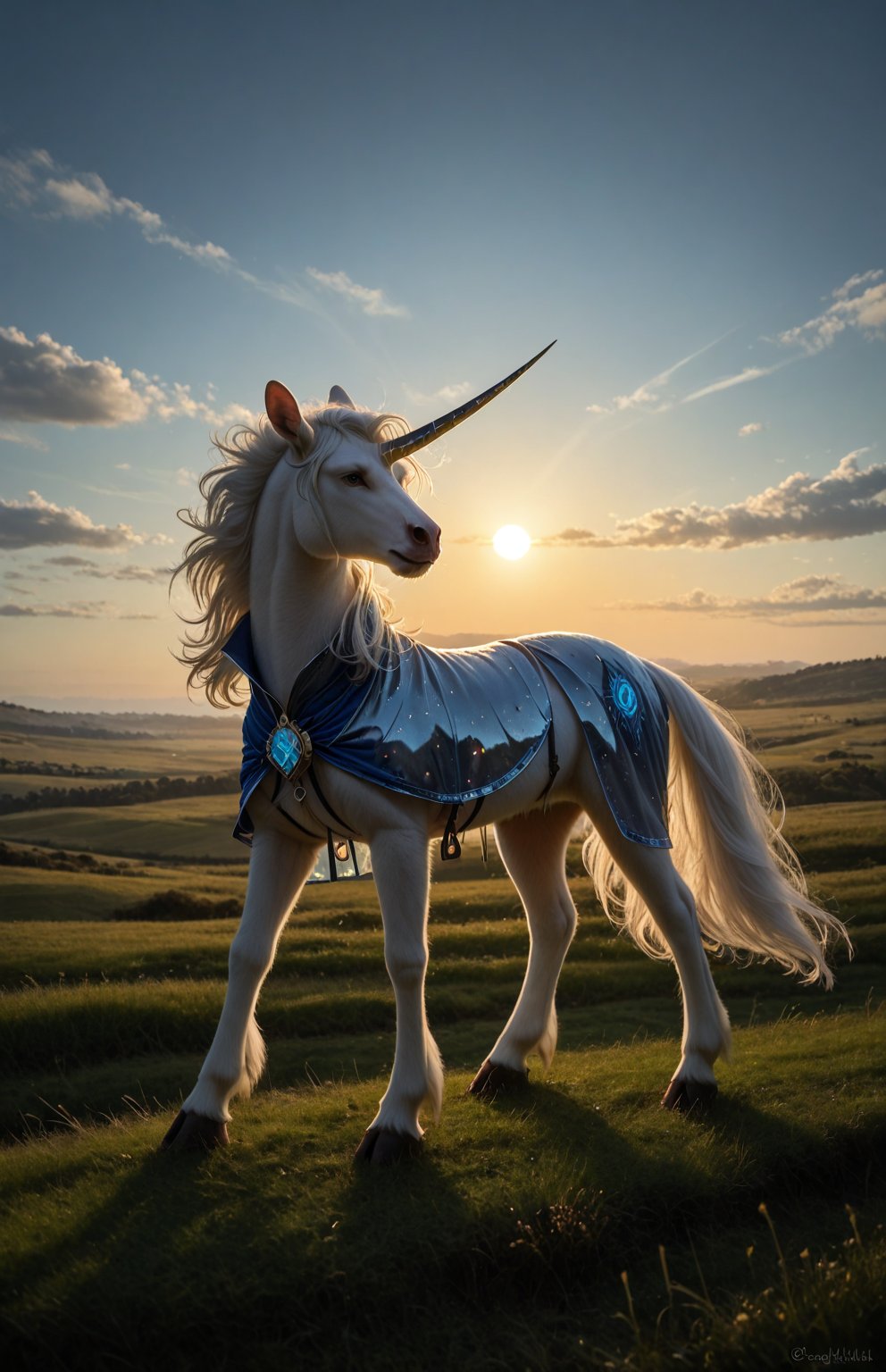 A majestic unicorn stands proudly in a sun-drenched meadow,  its shimmering coat glistening with an iridescent glow. The s...