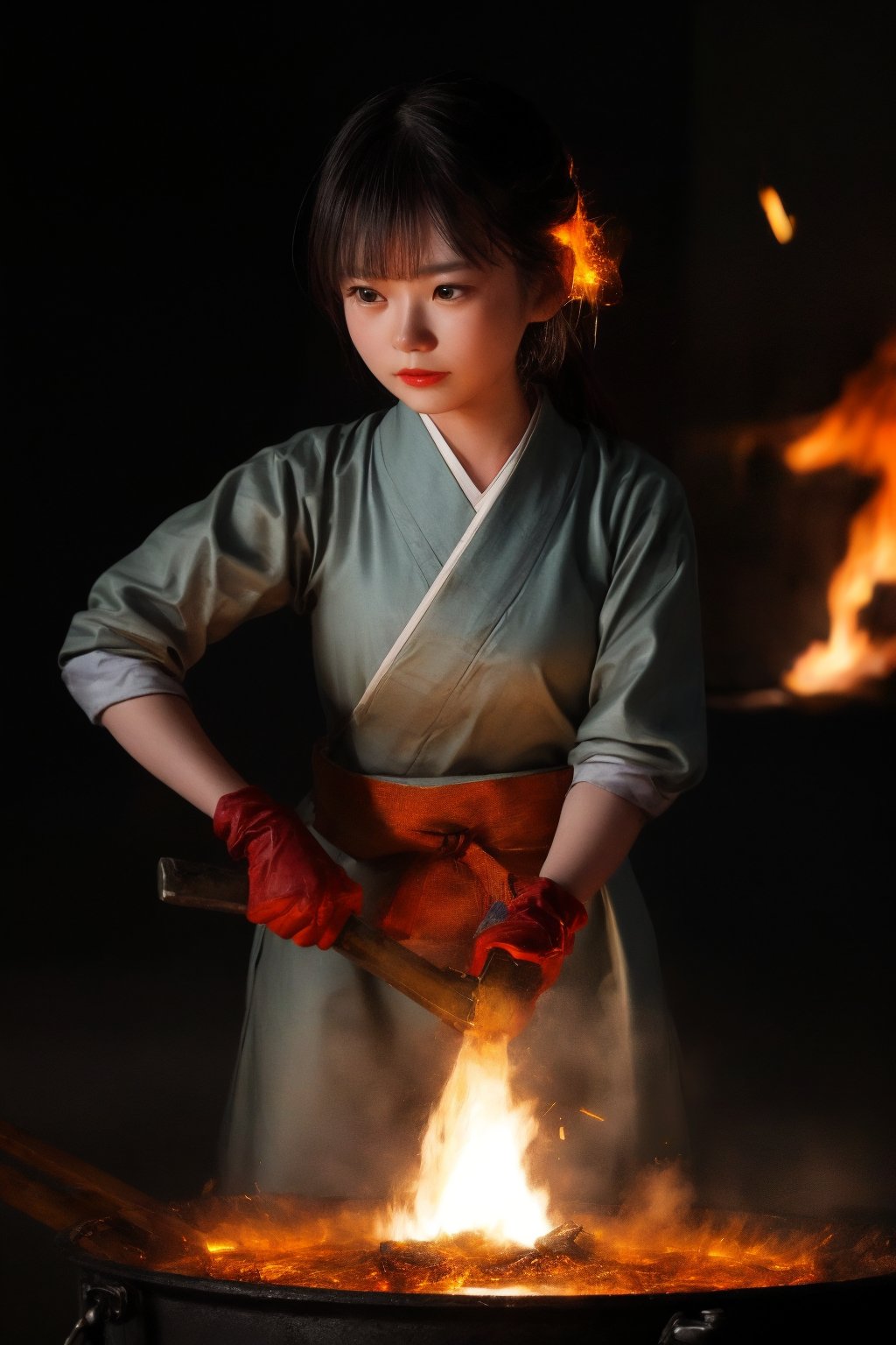 A close-up shot of a determined Japanese woman, clad in traditional clothing and safety goggles, stands over a glowing forge as she skillfully hammers away at a chunk of fiery red-hot iron. The anvil beneath her hands glows with a warm orange hue, while the sparks flying off the metal create a mesmerizing dance around her. Her focus is unwavering as she shapes the metal into the iconic curve of a Japanese sword, the sounds of hammering and hissing iron filling the air.