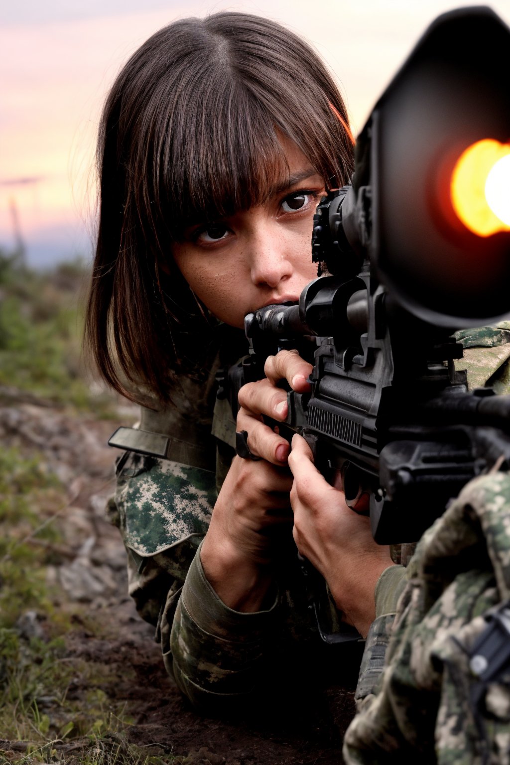 A close-up shot of a determined female soldier, dressed in camouflaged fatigues and holding a worn rifle, navigates through the rough terrain as she crawls under a tangled mess of rusty barbed wire. The setting sun casts a warm orange glow on her rugged face, illuminated by the faint light filtering through the wire's gaps. Her focus is fixed intently on the task at hand, her grip firm on the rifle as she slowly makes her way forward.