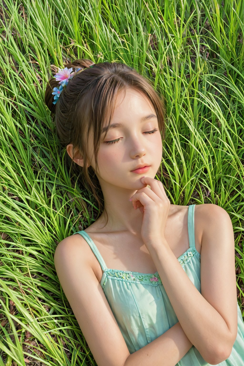 A serene summer meadow landscape: A young girl lies on her stomach, her chin cradled in the palm of her hand, eyes fixed intently on a tiny insect perched before her. The warm sunlight casts a gentle glow on the lush green grass and vibrant wildflowers, while the soft focus creates a dreamy atmosphere.