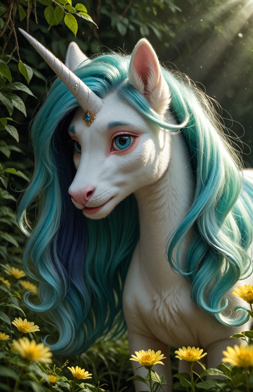 A majestic unicorn prances in a lush meadow,  its shimmering coat glistening in warm sunlight. Soft focus on the surroundi...