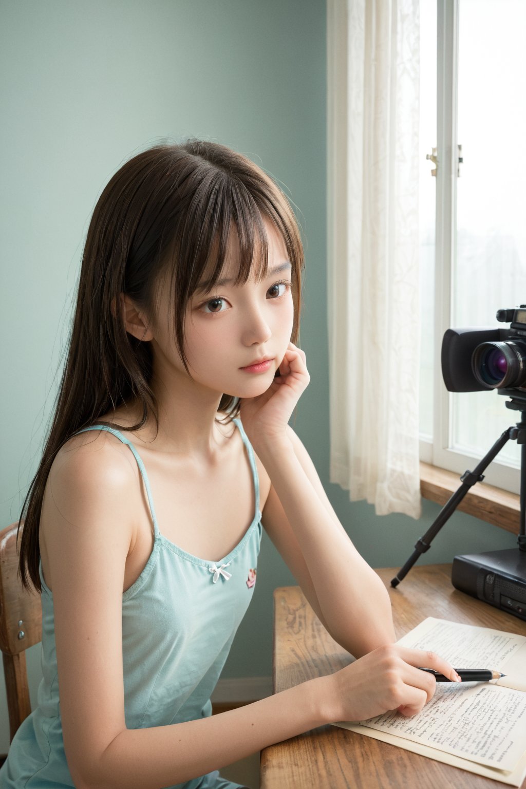 A close-up shot of a young girl reclining on a wooden desk, her chin resting delicately in her hands as she sleeps peacefully. Soft morning light filters through the window, casting a warm glow over her face and the surrounding study area. The desk is cluttered with textbooks, papers, and pens, while the girl's dark hair falls loosely around her shoulders.