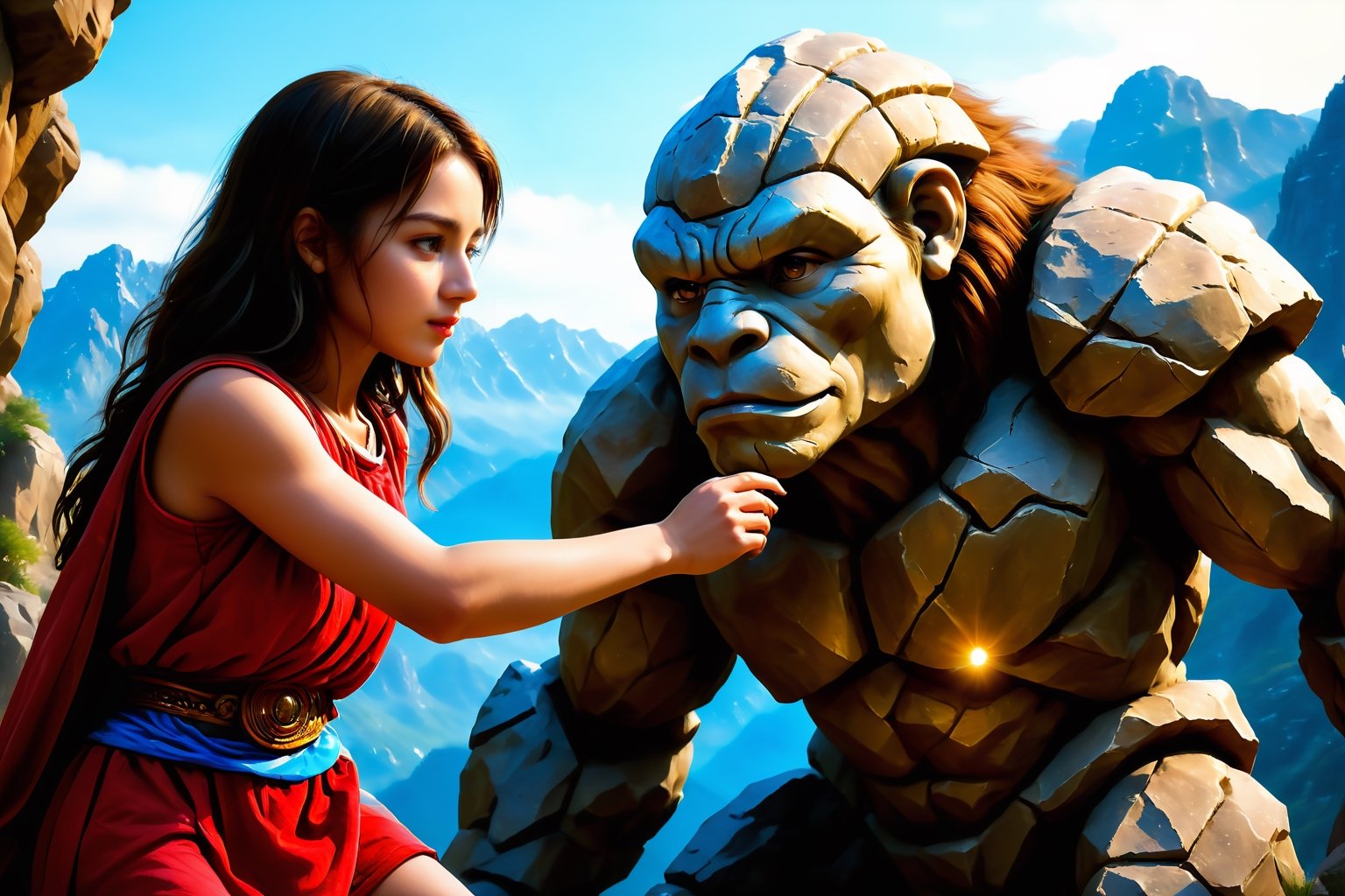 (4k),  (masterpiece),  (best quality), (extremely intricate),  (realistic),  (sharp focus),  (award winning),  (extremely detailed), (best quality,4k,8k,highres,masterpiece:1.2),ultra-detailed,(realistic,photorealistic,photo-realistic:1.37), girl playing with golem, rocky mountain, Dilireba