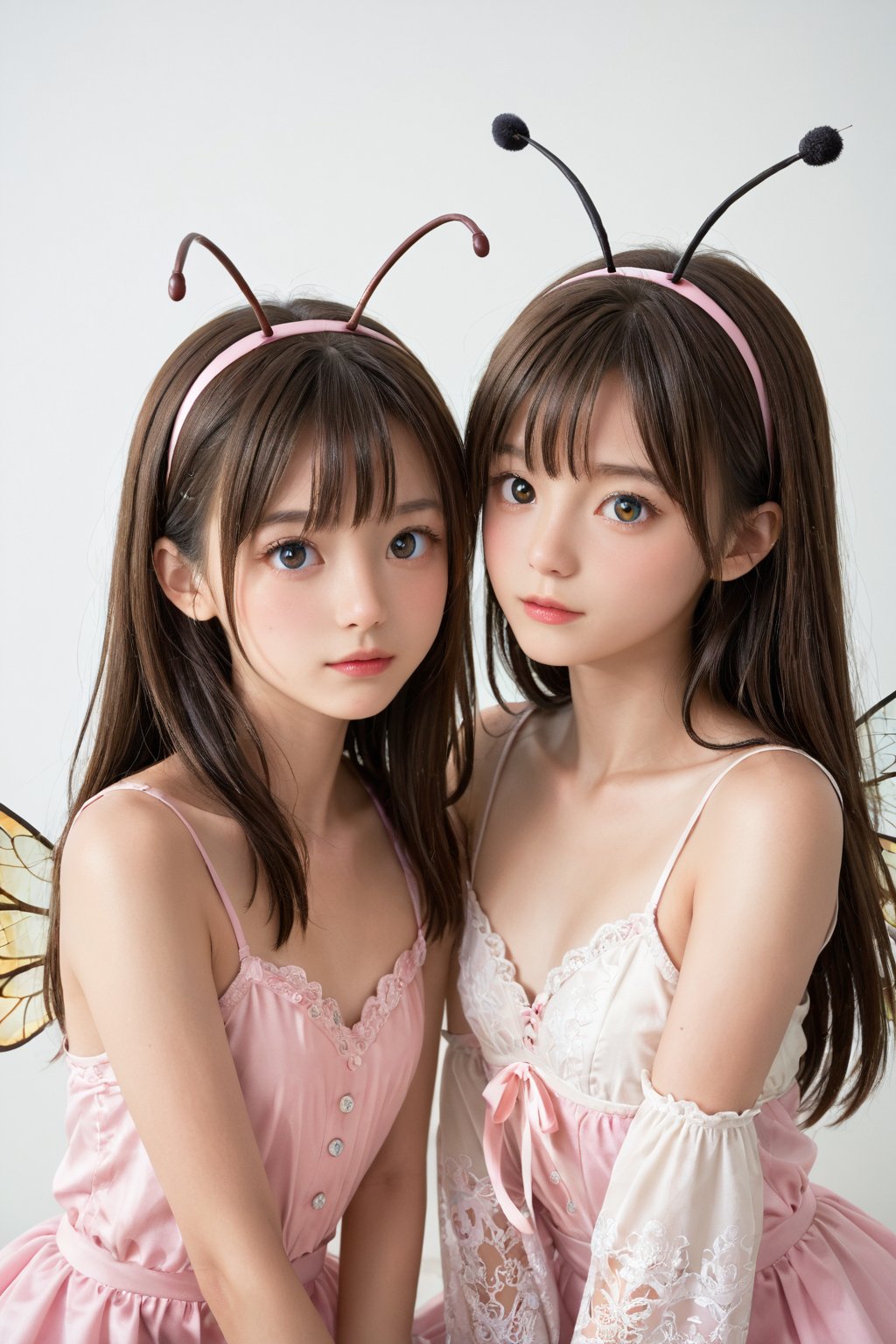 Softbox lit studio setting with a plain white background. Two young girls, around 8-10 years old, sit on opposite sides of the frame, dressed in matching cicada costumes complete with shiny exoskeletons and delicate wings. They strike adorable poses, one giggling as she holds her antennae, the other posing with her wings slightly askew. The warm lighting accentuates their bright smiles and sparkling eyes.