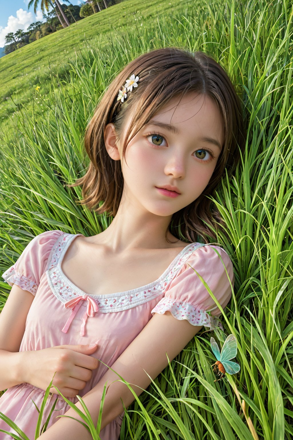 A serene summer meadow landscape: A young girl lies on her stomach, her chin cradled in the palm of her hand, eyes fixed intently on a tiny insect perched before her. The warm sunlight casts a gentle glow on the lush green grass and vibrant wildflowers, while the soft focus creates a dreamy atmosphere.