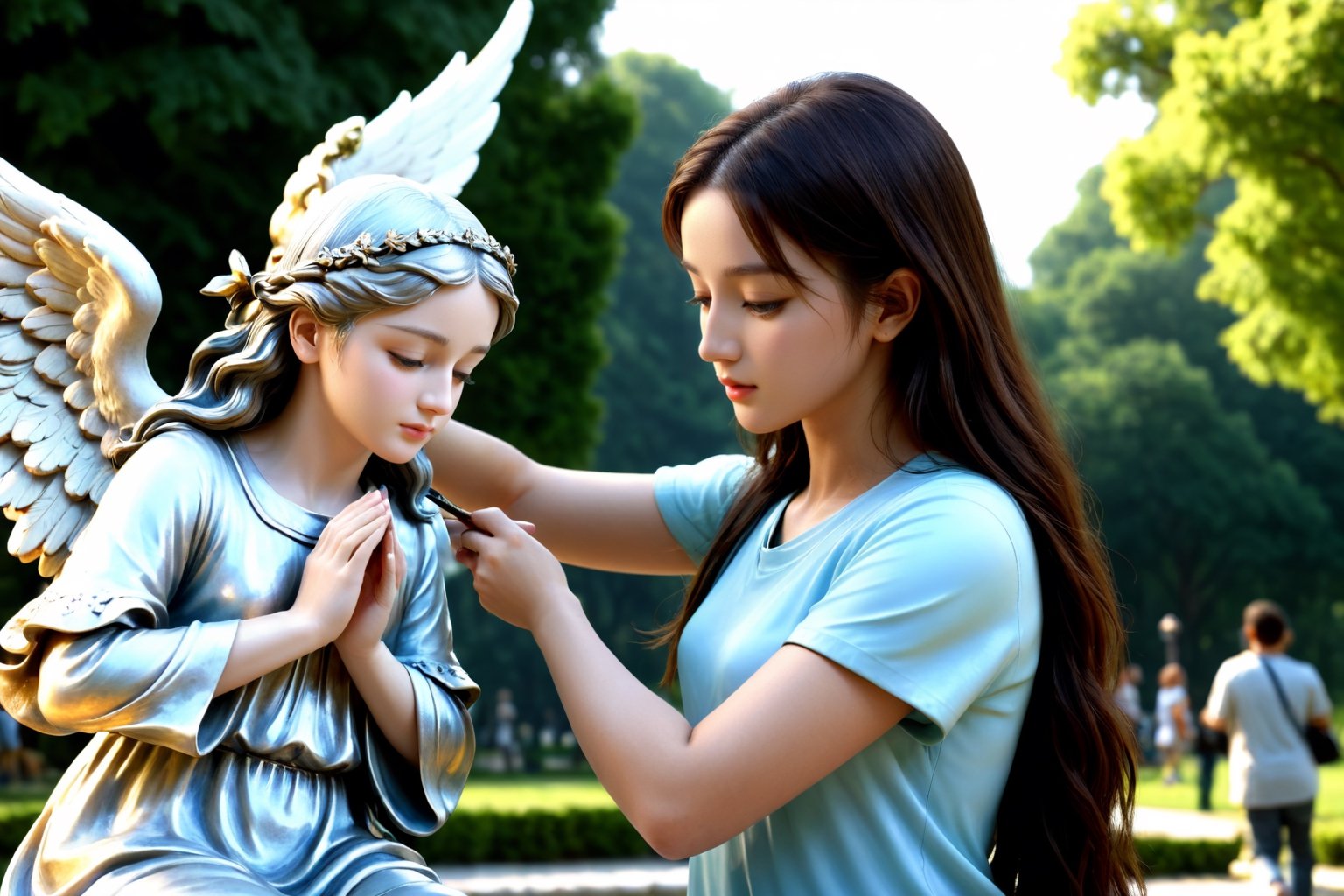 (4k),  (masterpiece),  (best quality), (extremely intricate),  (realistic),  (sharp focus),  (award winning),  (extremely detailed), (best quality,4k,8k,highres,masterpiece:1.2),ultra-detailed,(realistic,photorealistic,photo-realistic:1.37), A girl carving an angel  statue, park, Dilireba