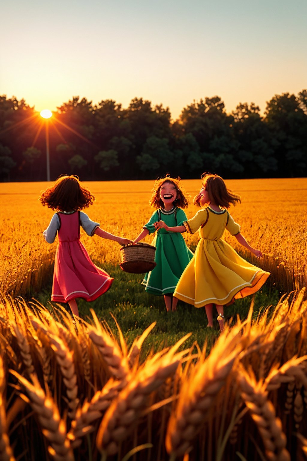 A nostalgic sunset glows warm on a field of ripened wheat, as SING Girls gather in joyous revelry, their bright dresses and flowing hair illuminated by the golden light. The air is filled with the sweet scent of harvest bounty, as they dance and sing in unison, their laughter and music mingling with the rustling wheat.