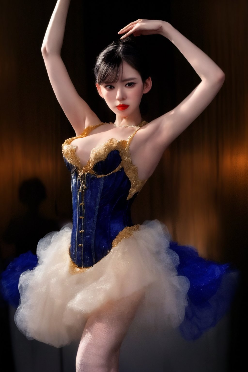 A stunning dancer in a dimly lit, vintage-inspired cabaret setting. Soft, warm lighting casts a golden glow on her porcelain skin and raven-black hair as she strikes a dramatic pose mid-pirouette. Her flowing tutu and ornate corset glimmer like diamonds against the rich, dark backdrop.