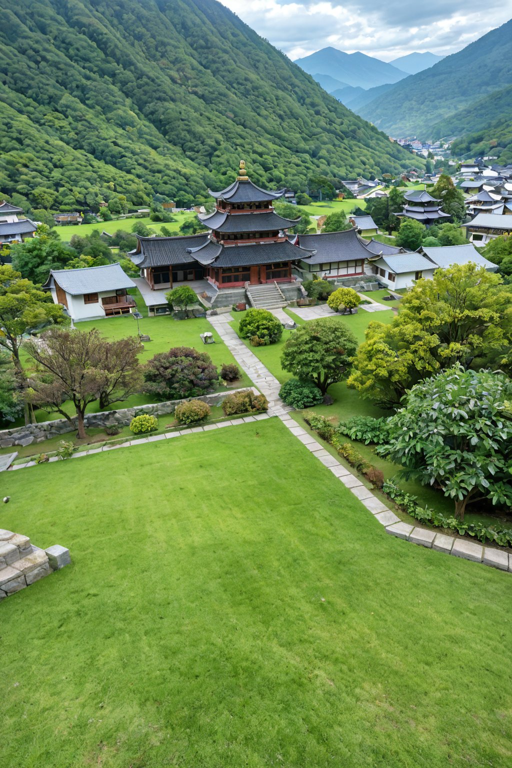 A serene morning in a Japanese ancient city, with worn stone walls and wooden temples standing tall amidst lush greenery. A misty veil lingers, casting an ethereal glow on the tranquil streets. In the distance, traditional houses with tile roofs blend harmoniously into the surrounding mountains. The air is crisp, filled with the scent of incense and freshly cut grass.