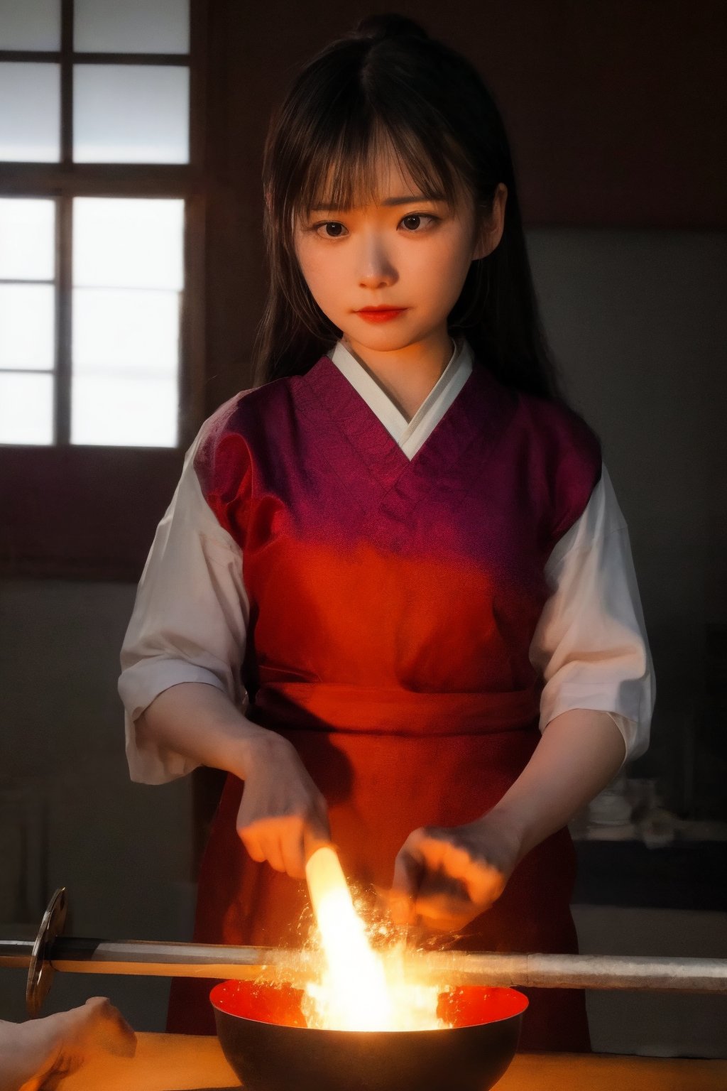 A female Japanese swordsmith hammers a block of red-hot iron into a Japanese sword