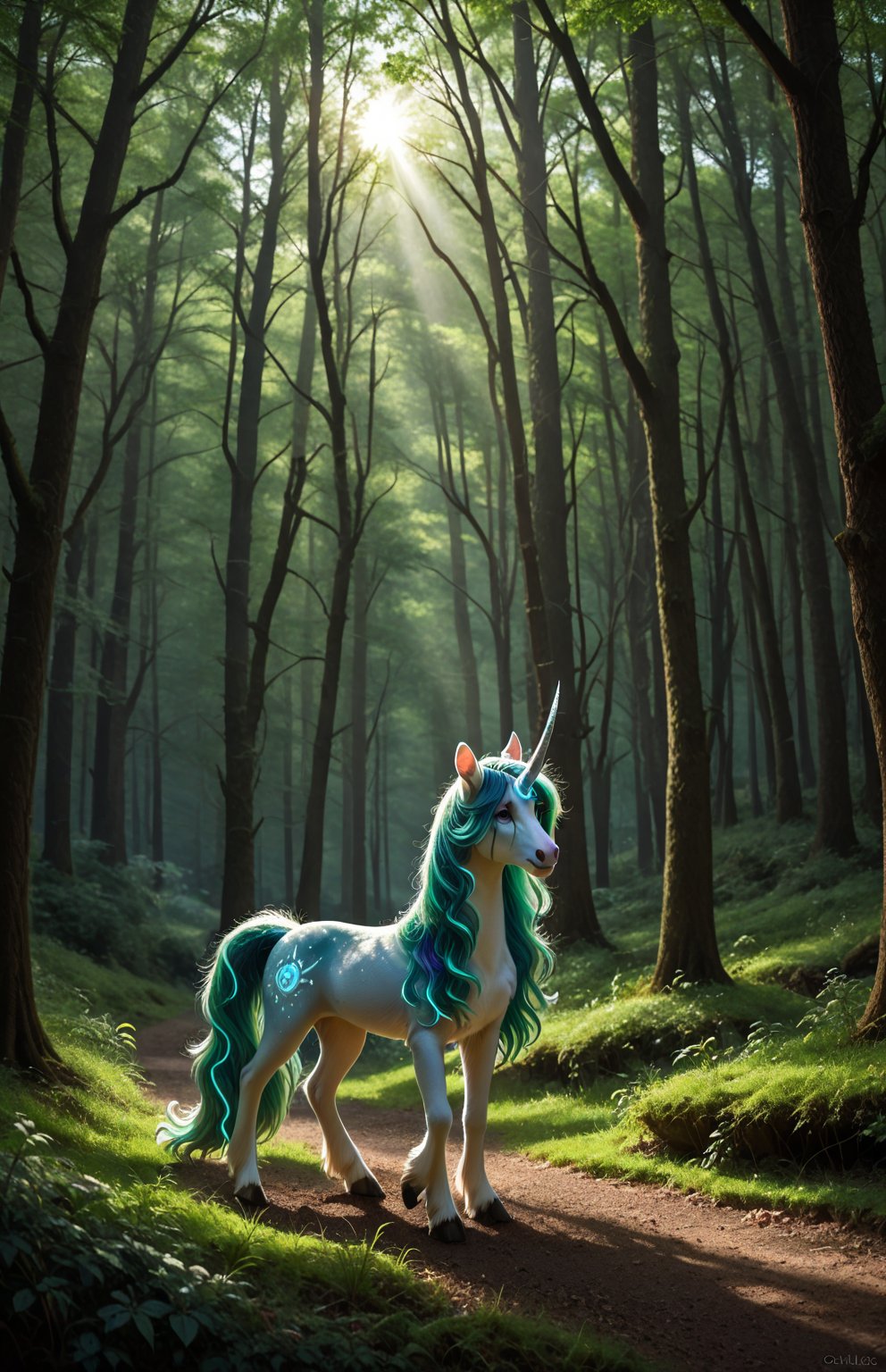 A majestic unicorn stands amidst a lush,  vibrant forest glade,  sunlight filtering through the trees to cast dappled shad...