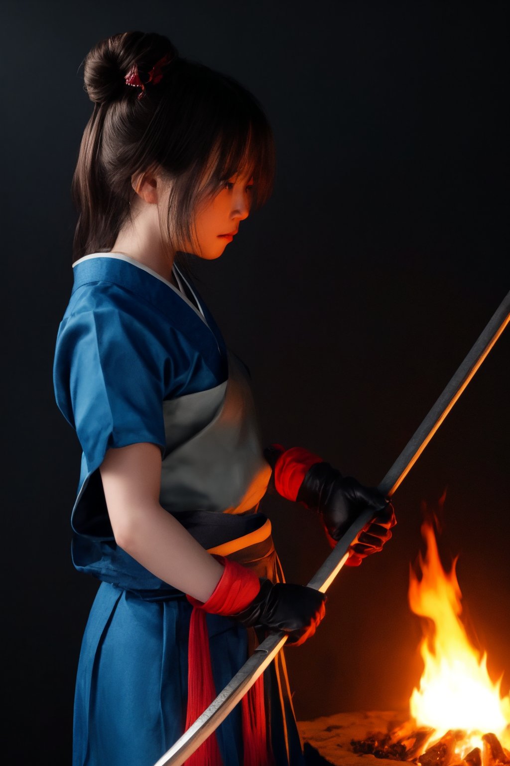 A close-up shot of a determined Japanese woman, dressed in traditional clothing, grasping a hammer with her gloved hand. She stands amidst a fiery forge, the flames casting a warm glow on her focused expression. The camera frames her strong profile as she skillfully hammers and shapes a glowing block of red-hot iron into the shape of a traditional Japanese sword, sparks flying in all directions.