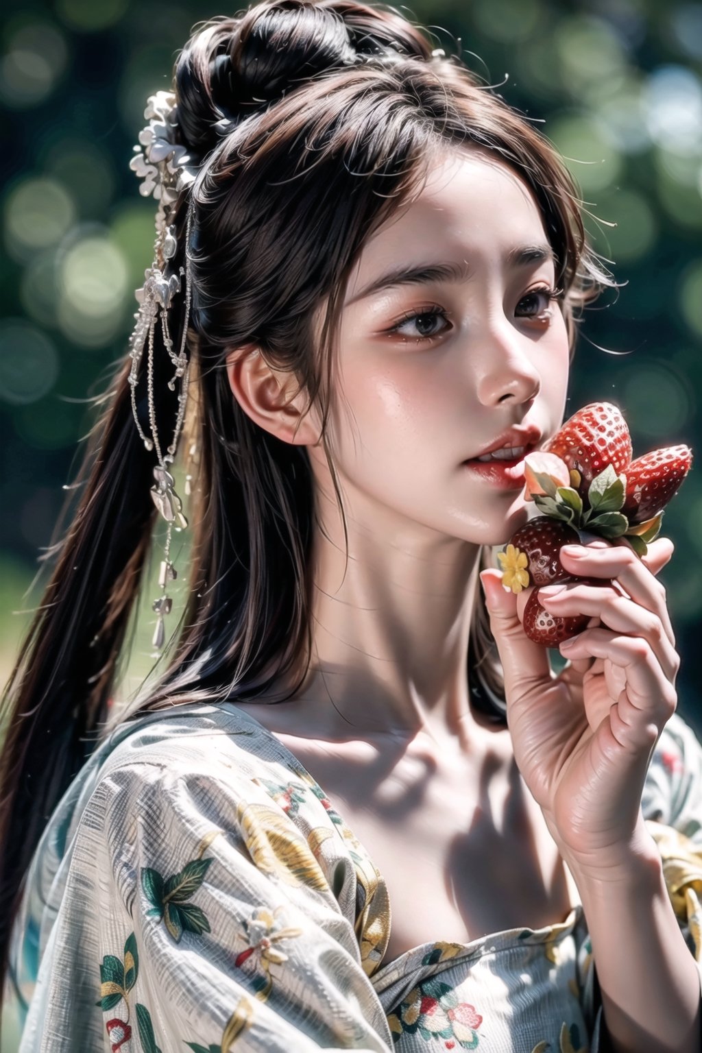 (sharp focus),  (award winning),  (extremely detailed),  (best quality, 4k, 8k, highres, masterpiece:1.2), ultra-detailed, (realistic, photorealistic, photo-realistic:1.37), A girl is picking strawberries and eating them with a big ((bird)), full body, 1 girl ,huangyuyao