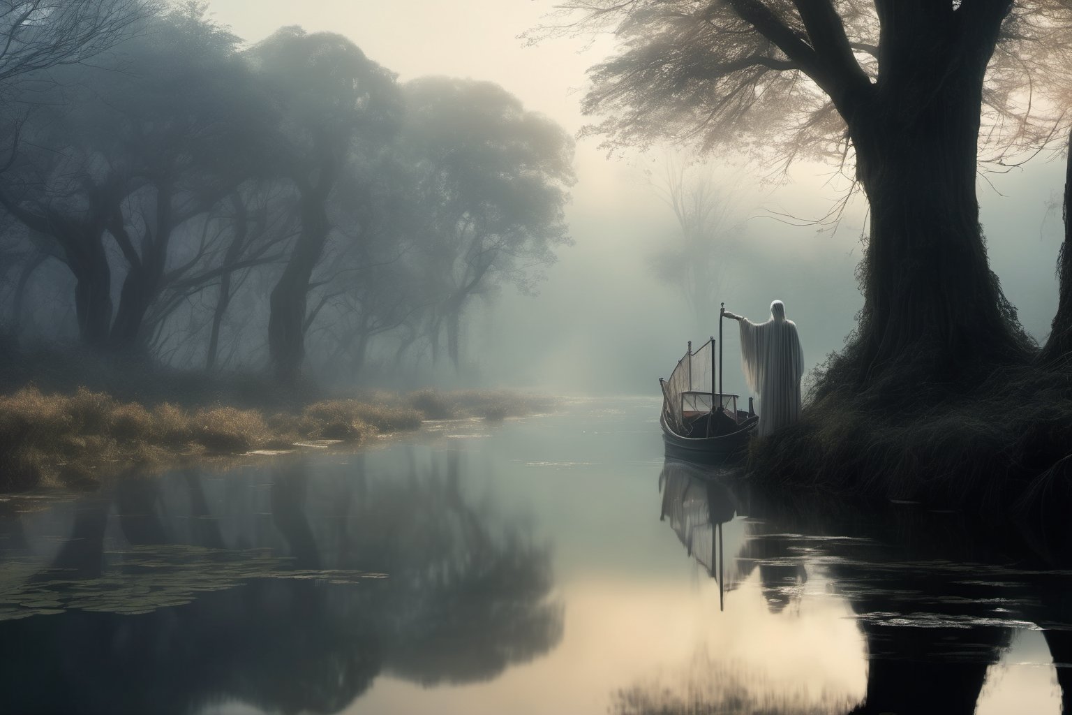 (best quality,4k,8k,highres,masterpiece:1.2),ultra-detailed,(realistic,photorealistic,photo-realistic:1.37),pale-dressed girl,creepy ferryman's boat,world of the dead,riverbank with blooming spider lilies,illustration,2 girls,spiritual atmosphere,misty surroundings,eerie atmosphere,water reflections,dark lighting,deceased spirits,ethereal figures,will-o'-the-wisps,hauntingly beautiful,lonely and mysterious setting,calm and tranquil ambiance,surreal composition,charmingly haunting,subtle shades of white,dreamlike haze,soft and delicate atmosphere,supernatural elements,ethereal glow,whispering winds,misty river,spiritual transition,seamless blend of reality and the supernatural,narrow river winding through dense fog,magical undertones,twisting vines and roots,wispy clouds,hidden secrets,evocative and ethereal,ghostly presence,spectral beings,nightfall on the river,shadows and light,reflection of the past,serene yet melancholic,dreamy composition,lost souls wandering silently,ethereal beauty,captivating and enchanting scenery,hauntingly poetic