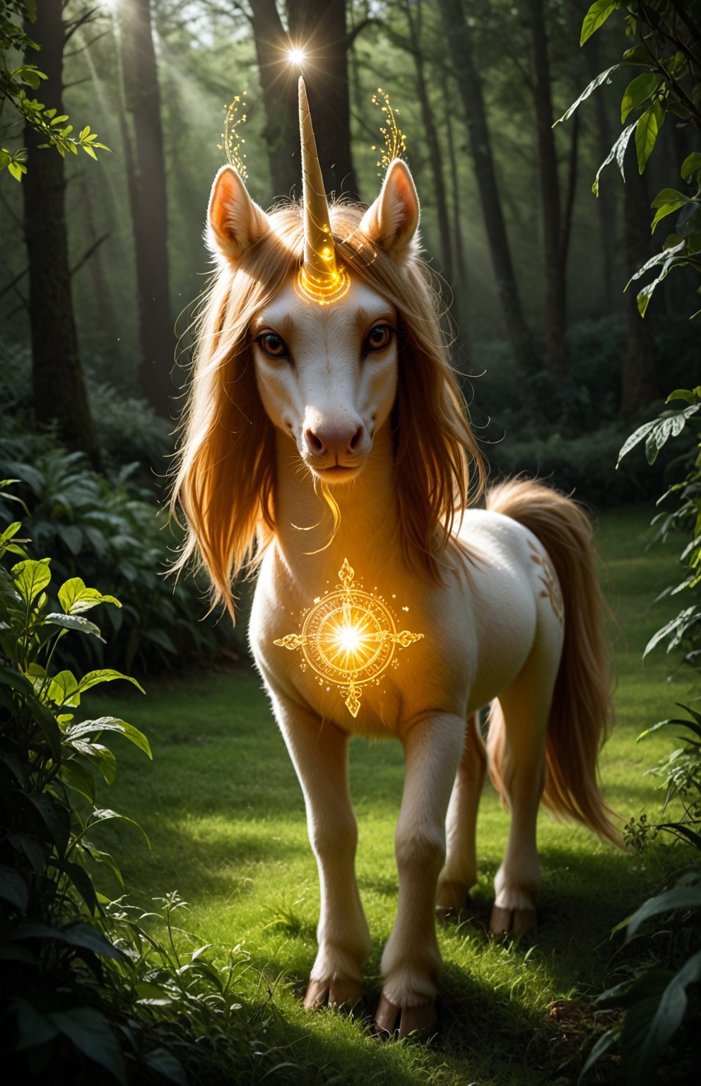 A majestic unicorn stands amidst a lush meadow,  its shimmering coat glowing in warm sunlight. A delicate mist swirls arou...