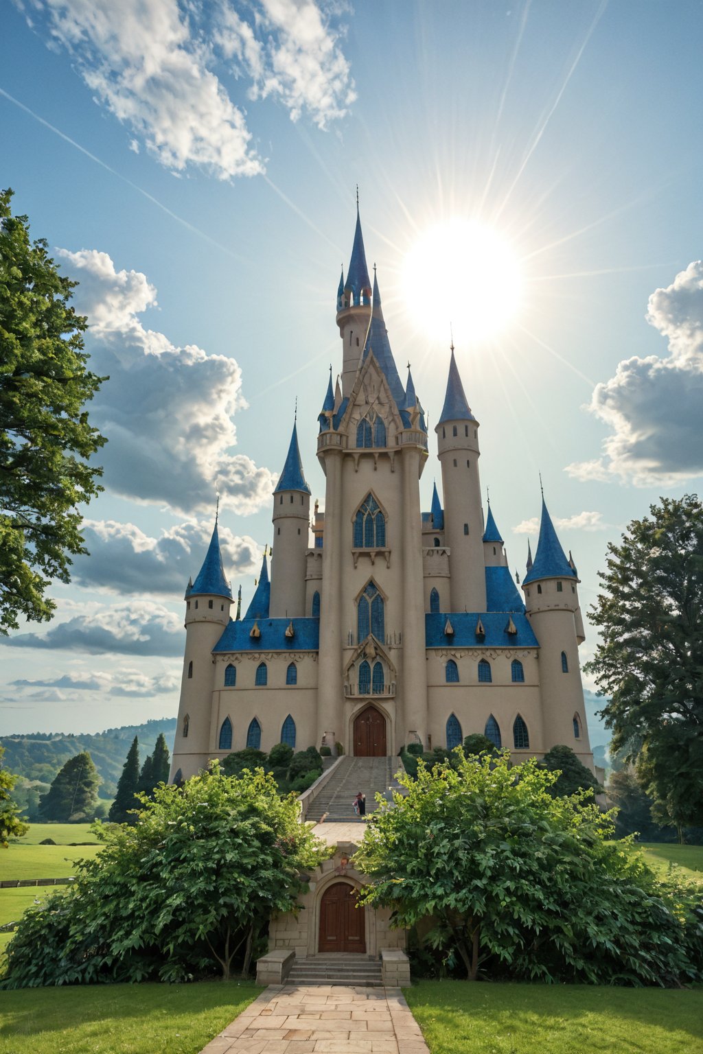 A majestic dream castle rises from a cloud-soft mist, its towers and turrets reaching for the sky like ethereal fingers. Softly glowing windows and delicate filigree adorn the walls, casting a warm, mystical light on the lush greenery below. A gentle stream meanders through the foreground, reflecting the dreamy atmosphere as misty vapors swirl around the castle's base.