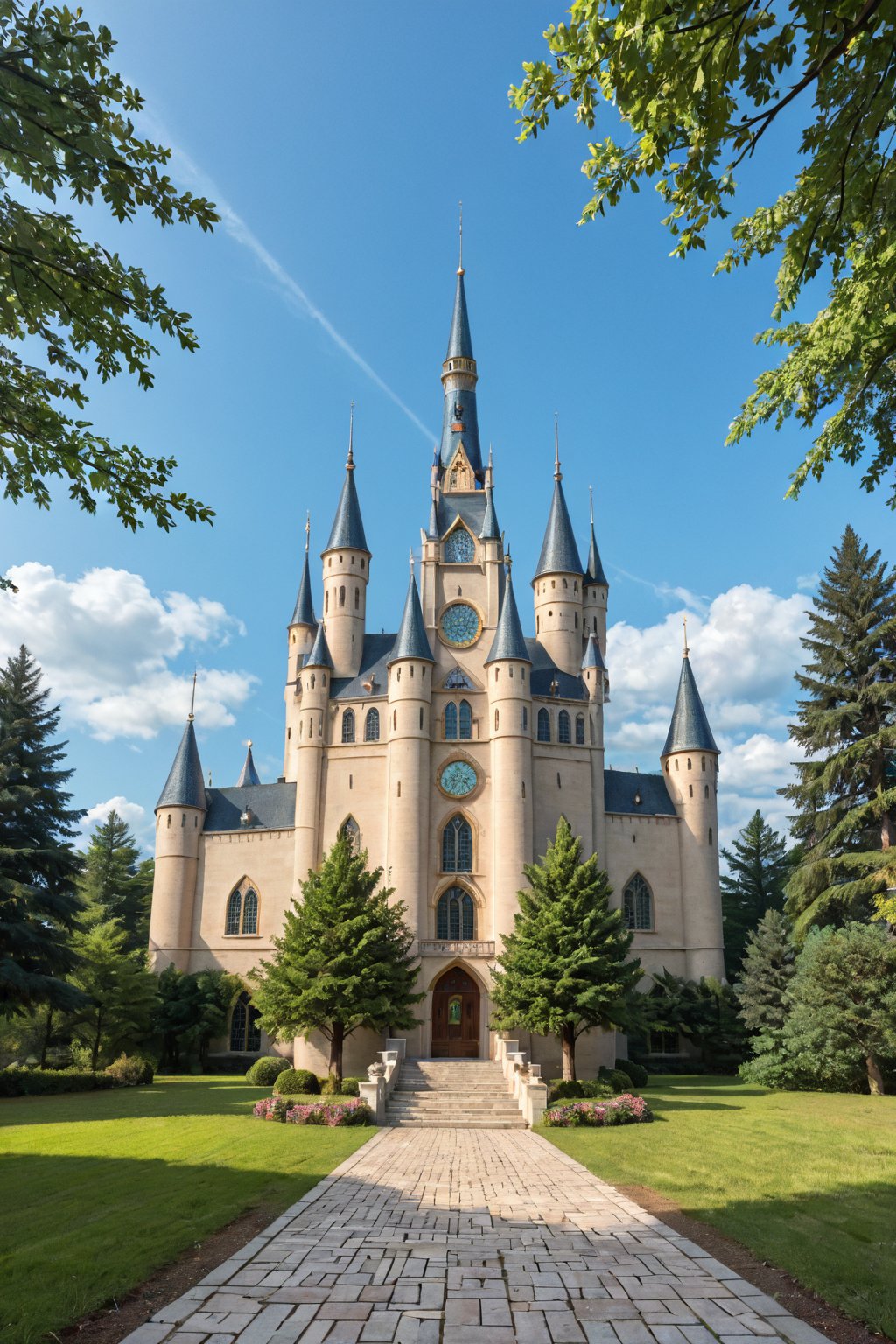 A whimsical dream castle rises from a misty forest floor, its turrets and towers reaching towards the pale blue sky like ethereal fingers. Soft golden light filters through the wispy clouds, illuminating the intricate stone carvings that adorn the walls. A gentle mist swirls around the base of the structure, adding an air of mystery to the enchanting scene.